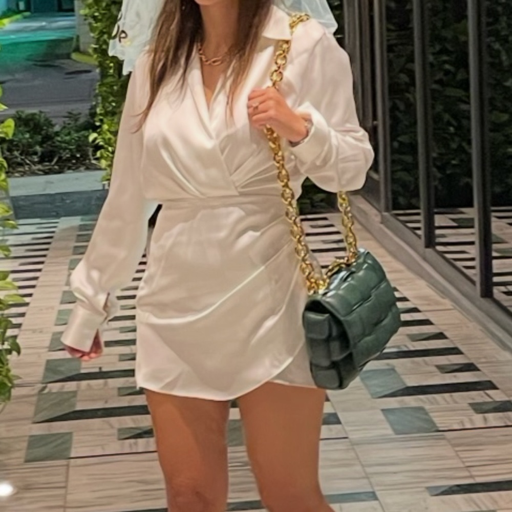 Zara White Long Sleeve Satin Effect Dress